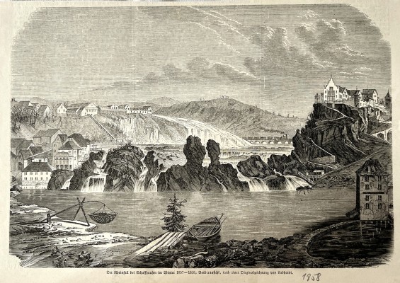 Rheinfall bei Schaffhausen, zwei Stahlstiche und ein Holzstich, 19. Jahrhundert.