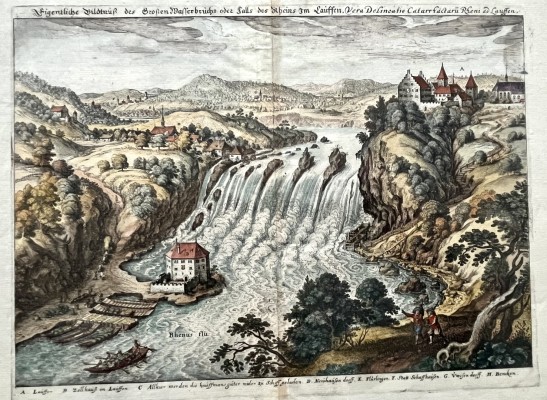 Rheinfall Schaffhausen, von Matthäus Merian d.Ä. (1593-1650), altkolorierter Kupferstich, 1638.