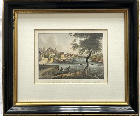 Schaffhausen um 1840, Aquatinta, altkoloriert, von Johannes Ruff nach Zeichnung von Enderle (Wohl Egidius Federle, vgl. Pfaff S.74) Publié par Louis Bleuler (Blatt 9 des herausgegebenen Albums 