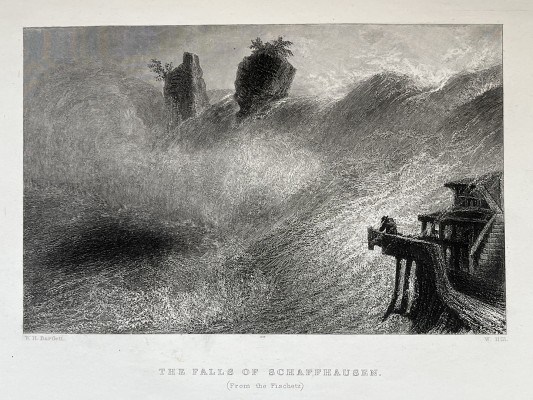 Schaffhausen Rheinfall, Konvolut Stahlstiche, sechs Stück, teilweise koloriert, um 1850, Konstanz.