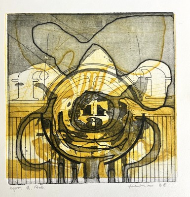 Anonym (20. Jahrhundert), Gelbe Abstraktion, 1968, Lithographie. Abstrakte Darstellung, die in der Mitte gespiegelt ist. Gelbe Farbtupfer, geben dem Ganzen noch einen größeren Abstraktionsgehalt.