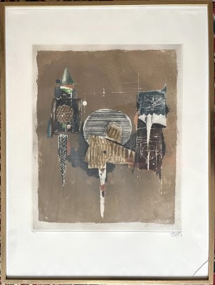 Anonym (20. Jahrhundert) Abstrakt, Farblithographie. Eine in braun gehaltene, abstrakte Darstellung, die an etwas mechanisches erinnert.