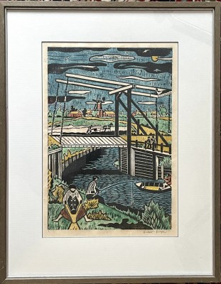 Bicker-Reipe, Hinrikus (1925-1997) Angler an Gracht, kolorierter Holzstich. Farbenfrohe Darstellung mit geschäftigem Treiben.