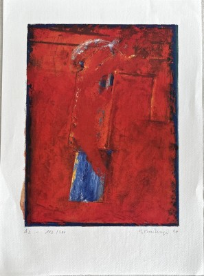 Breinlinger, Gerhard (1947 geboren) Abstrakt, farbiger Offsetdruck. Ein in rot gehaltenes Abstraktes Werk.
