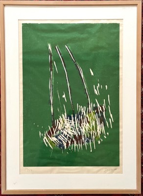 Gasser, Bruno (1947-2010) Abstrakt, 1988, Farbserigraphie. Grün grundiertes Gemälde mit weißen Tupfern.