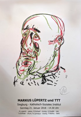 Lüpertz, Markus (1941 geboren) Veranstaltungsplakat, 2018, Siebdruck. Das Bild zeigt ein Plakat für eine Veranstaltung mit dem deutschen Künstler Markus Lüpertz und seiner Jazzband TTT, welche am 21. Januar 2018 stattgefunden hat. Die Band TTT ist auch als Jazzkombo „TTT“ bekannt, in der Lüpertz am Klavier spielt. Markus Lüpertz ist ein renommierter deutscher Maler, Bildhauer und Schriftsteller, der dem Neoexpressionismus zugeordnet wird.
