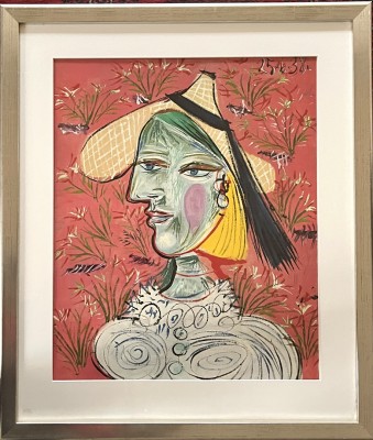 Picasso, Pablo (1881-1973) kubistisches Portrait, 1938, Offsetdruck. Sommerliches Portrait einer Frau mit Hut.