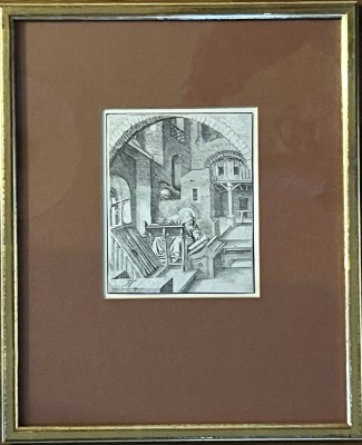 Strauch, Lorenz (1554-1630) Der Heilige Hieronymus in seinem Zuhause, Radierung auf Karton aufgezogen. Links unten Signatur und Datierung von Albrecht Dürer, rückseitig beschrieben, dass es sich um keine Radierung Dürers handelt.
