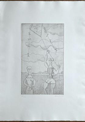 Stuckert, Rudolf (1912-2003) Figuren beim Drachensteigen, 1989, Radierung. Die Leichtigkeit des freundlich blickenden Drachens zieht die Figuren hin zur positiven Seite des Lebens.