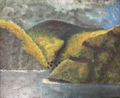 Anonym (20. Jahrhundert) Bucht mit Bergen, Öl auf Karton.