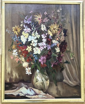 Anonym (20. Jahrhundert) Blumenstrauß, Öl auf Presskarton. Filigran gemalter Blumenstrauß. Ein Duft von Sommer. Durch den braun gehaltenen Hintergrund wirken die Blumen besonders leuchtend.