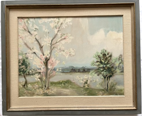 Anonym (20. Jahrhundert) Frühling am Untersee mit Blick auf die Hegauberge, Öl auf Platte.