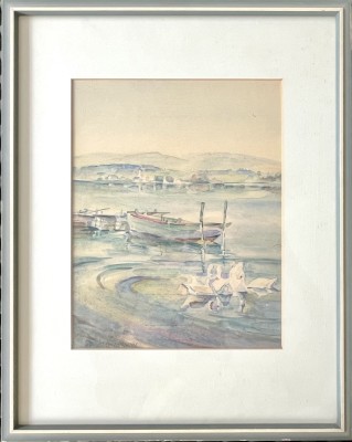 Anonym (20. Jahrhundert) Ruderboot vor der Reichenau, Aquarell. Blick übers Wasser, im Vordergrund mit Schwänen und einem Ruderboot.