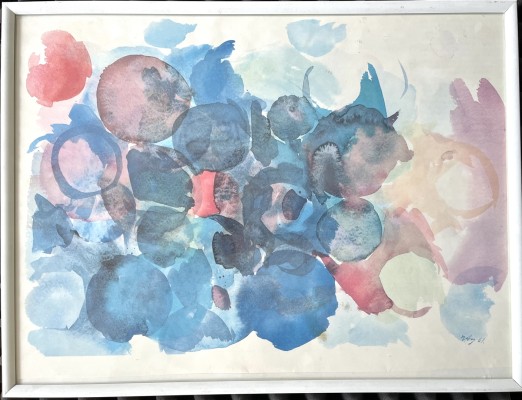 Anonym (20. Jahrhundert) abstraktes Stillleben, 1961, Offsetdruck. Verschieden große Punkte in Blau- und Rottönen in schöner Komposition.