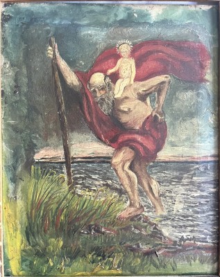 Anonym (19. Jahrhundert) Christophorus, Öl auf Metallplatte.