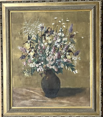 Anonym (20. Jahrhundert) Wiesenstrauß, Öl auf Leinwand. Ein bunter Blumenstrauß vor bedecktem Hintergrund.