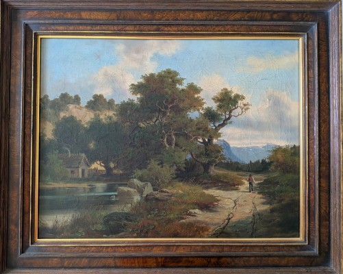 Anonym (19./20. Jahrhundert) Landschaftsdarstellung, Öl auf Leinwand. Stimmungsvolle Landschaftsdarstellung mit einer Figur auf einem Wanderweg. Das Gemälde besticht durch seine harmonische Farbgebung und die ruhige Komposition. Es befindet sich im originalen Rahmen. An der Oberfläche ist altersbedingtes Krakelee sichtbar, ansonsten guter, authentischer Erhaltungszustand.