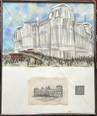 Anonym (21. Jahrhundert) verhüllter Reichstag, Collage nach dem Werk von Christo, Ölkreide.