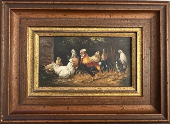 Beil, Karin (geboren 1946) Die Hühnerfamilie, Öl auf Holz.