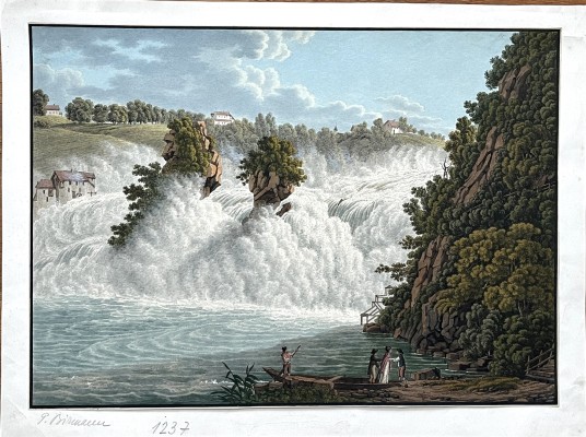 Birmann, Peter (1758-1844) zugeschrieben, Ansicht des Rheinfalls, gouachierte Umrissgraphik.