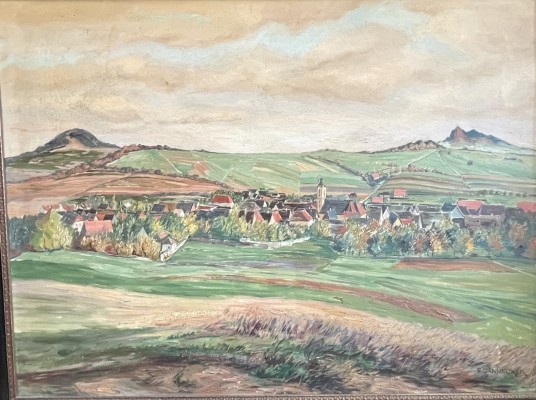 Dannecker, Emil (1883-1964) Hegauansicht, 1931, Öl auf Platte. Rechts zu sehen ist der Hohenstoffeln von Süden und links der Hohenhewen.