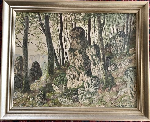 Eisenbrückner-Gaißer, E. (20. Jahrhundert) Wald, 1959, Öl auf Platte. Waldböschung mit verschiedenen Steinen in gedeckten Farben gehalten.