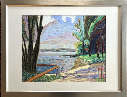 Faller, Rüdiger (1942-2022) Blick auf die Reichenau, Pastell.