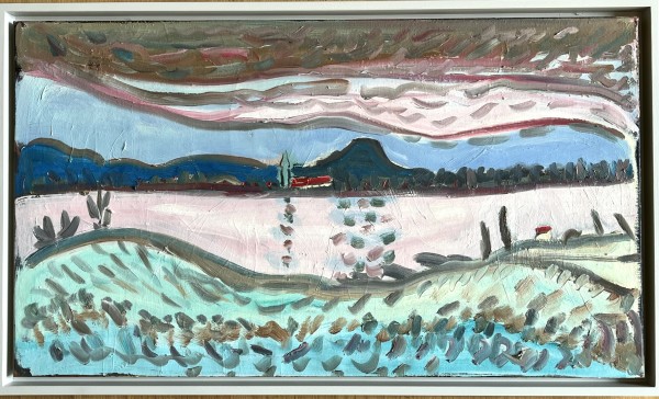Faller, Rüdiger (1942-2022), zugeschrieben, Blick von der Reichenau auf die Höri, Öl auf Leinwand. Weiterer Blick auf Radolfzell und den Hohentwiel. Kräftige Farben, teilweise mit dickem Pinselstrich.