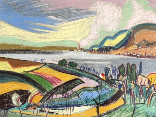Faller, Rüdiger (1942-2022) Blick von der Höri, Pastell. Blick über den Untersee auf Berlingen und Reichenau