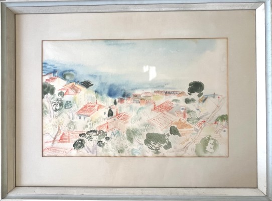 Fark, Ilse (1927-2018) Blick auf Garonne in der Provence, 1962, Aquarell auf Malkarton. Simpler Überblick der Stadt mit besonderer Malweise.