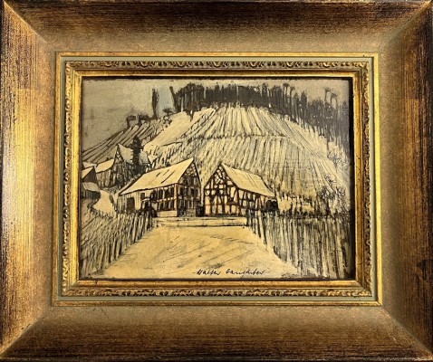 Hangarter, Walter (1929-1995) Rebstöcke im Winter mit Bauernhäusern, Mischtechnik auf Platte.
