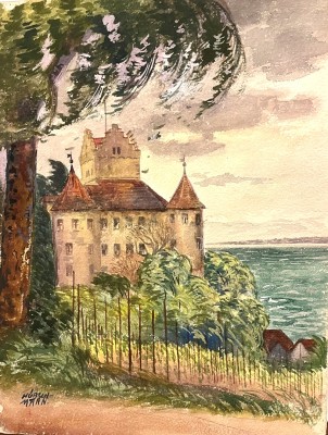 Hübschmann, Karl (1878 - 1955) Bodensee, vier Aquarelle. Darunter dargestellt Meersburg 43 x 34 cm, Friedrichshafen 29 x 40 cm, Friedrichshafen 29 x 36 cm, und die Mainau 27 x 25 cm.