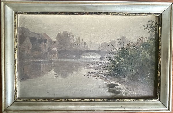 Klingemann, Hugo (1869-1942) Flusslauf mit Brücke, Öl auf Platte. Vermutlich der Neckar bei Stuttgart.
