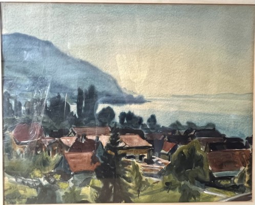 Lange, Sigurd (1904-2000) Stimmungsvolle Landschaftsszene am Bodensee, 1958, Aquarell.