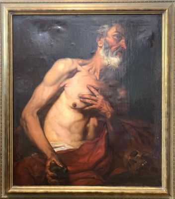 Loth, Johann Carl (1632-1698) Der Heilige Hieronymus, 17. Jahrhundert, Öl auf Leinwand. Das Gemälde von Johann Carl Loth, einem deutschen Barockmaler, zeigt den heiligen Hieronymus in bußfertiger Haltung. Der greise, halbnackte Mann hält einen Stein in der Hand und legt die andere auf seine Brust, während ein Totenschädel auf die Vergänglichkeit des Lebens verweist. Das dramatische Hell-Dunkel und die warme Farbigkeit verleihen der Szene eine eindringliche barocke Wirkung. Johann C