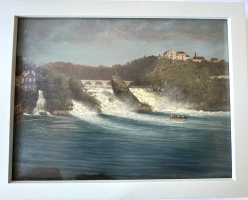 Monogrammist F.S. (19. Jahrhundert), Rheinfall bei Schaffhausen, 1878, Öl auf Platte.