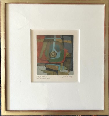 Opitz, Franz Karl (1916-1998) Komposition in Rot, Radierung / kolorierte Aquatinta. Abstrakte Darstellung verschiedener Formen in ästhetischer Komposition.