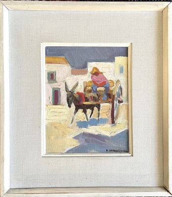 Oppenheim-Jonas, Edith (1907-2001) Eselfuhrwerk, Öl auf Leinwand. Bunte, idyllische Darstellung eines beladenem Eselfuhrwerks mit einer Person.