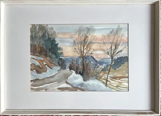 Oppenheim-Jonas, Edith (1907-2001) Winterlandschaft in zarten Tönen, Aquarell. Der Weg bereitet sich vor den Betrachtern im Morgenrot.
