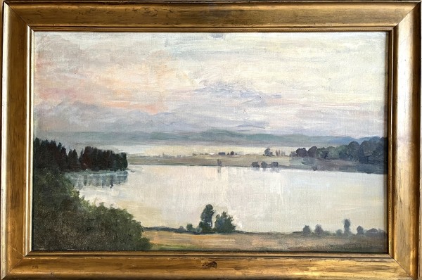 Pötzelberger, Robert (1856-1930) Blick von Allensbach auf die Reichenau, 1928, Öl auf Leinwand.