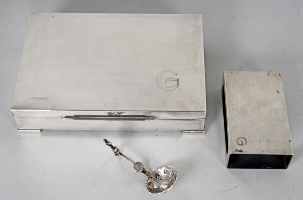 LOT 3tlg. Schatulle, Zuckerlöffel, Streichholzschachtel-Etui